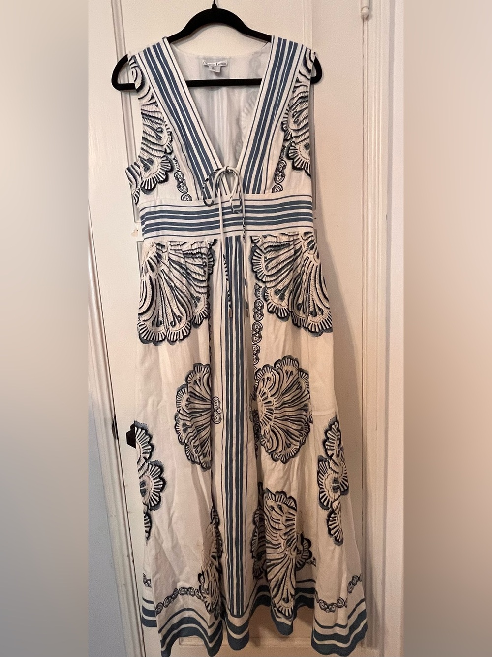 Christian Lacroix Embroidered Blue & White Midi Maxi Dress Sleeveless Sz M